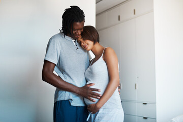 Fototapeta premium Pregnant, love and couple hug with hands on stomach in house for support, security and safety, nurture and protection. Future, family and calm people at home with tummy growth, gratitude or bonding