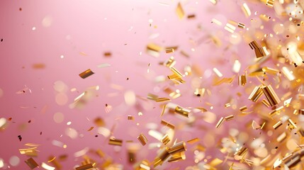 Golden confetti scattering across a soft pink background, symbolizing celebration. Ideal for graduation announcements, with a generous blank area on the right for customization.