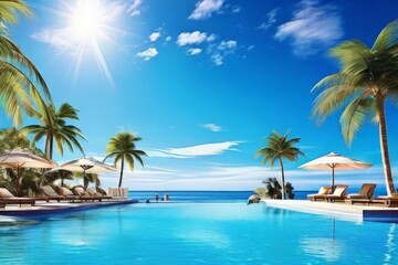 AI Image Generator, swimming pool and loungers umbrellas near beach and sea with palm trees and blue sky