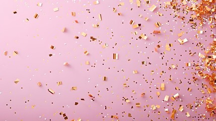 Golden confetti scattering across a soft pink background, symbolizing celebration. Ideal for graduation announcements, with a generous blank area on the right for customization.