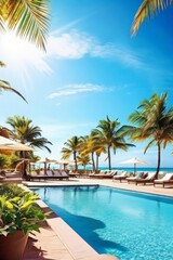 Fototapeta premium AI Image Generator, swimming pool and loungers umbrellas near beach and sea with palm trees and blue sky