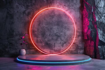 Beautiful minimalist background with gray podium, textured wall and neon lights for product presentation