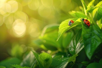 Wide format background image of fresh juicy green leaves and ladybug lit by rays of sun in nature with space for text