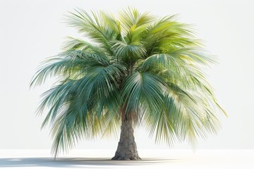 Obraz premium The image shows a single palm tree with green leaves against a white background.