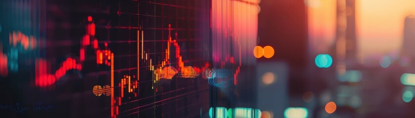 Stock chart, office desk, close up, focus on, copy space, vibrant colors, Double exposure silhouette with financial reports