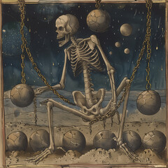 A Skeleton Sitting with Chains and Weights Under a Starry Sky in a Surreal Gothic Setting
