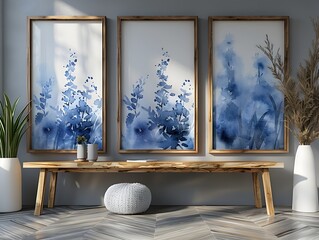 Three Modern Decorative Wall Mounted Photo Frames with Abstract Watercolor Floral Designs