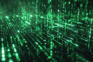 futuristic green matrix holographic government data streams binary code overlay cyber security concept glowing technological aesthetic