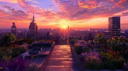 Obraz premium Lifelike depiction of a lush rooftop garden against the backdrop of a bustling cityscape at dusk, meticulously crafted wooden decking and a vibrant sunset horizon.