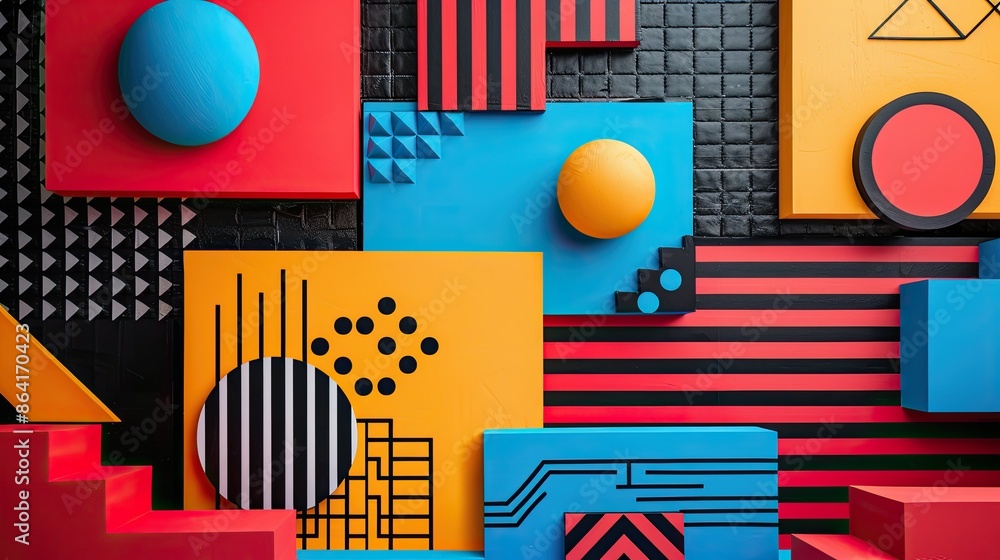 Aufkleber dynamic representation of geometric elements in the style of 80s memphis design. the composition emb