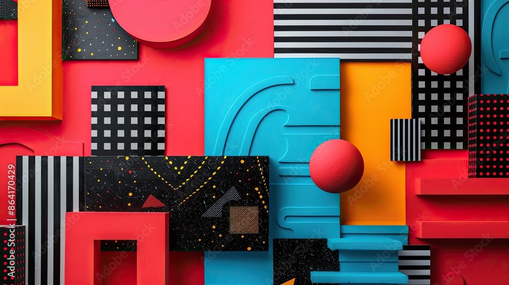 Poster dynamic representation of geometric elements in the style of 80s memphis design. the composition emb