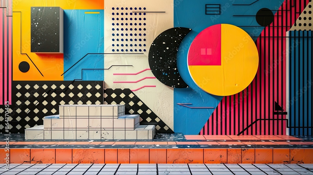 Aufkleber dynamic representation of geometric elements in the style of 80s memphis design. the composition emb