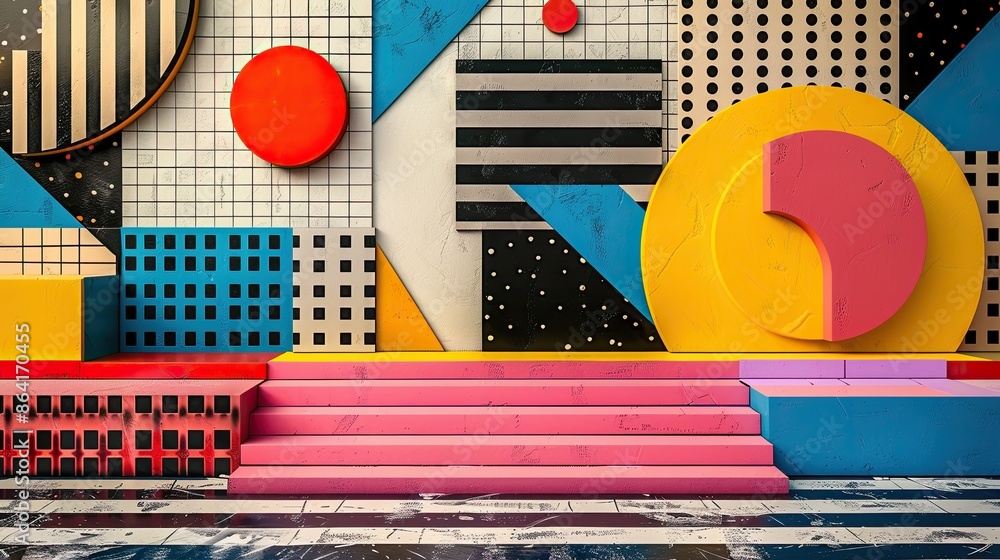 Aufkleber dynamic representation of geometric elements in the style of 80s memphis design. the composition emb