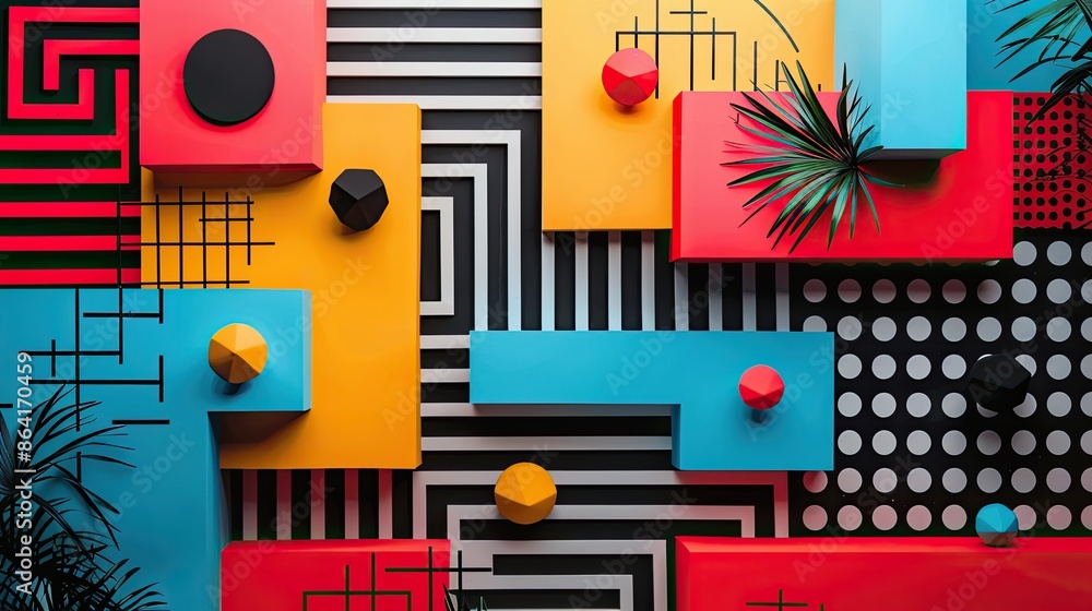 Aufkleber dynamic representation of geometric elements in the style of 80s memphis design. the composition emb