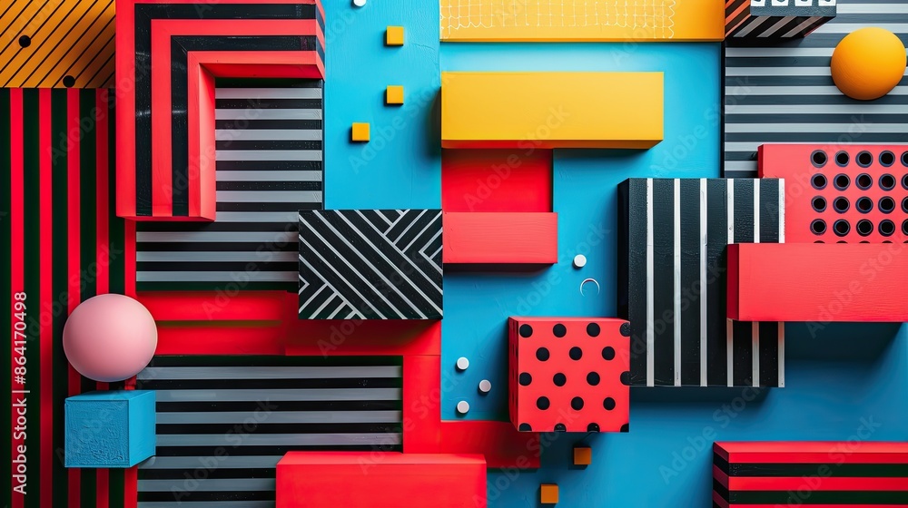 Aufkleber dynamic representation of geometric elements in the style of 80s memphis design. the composition emb