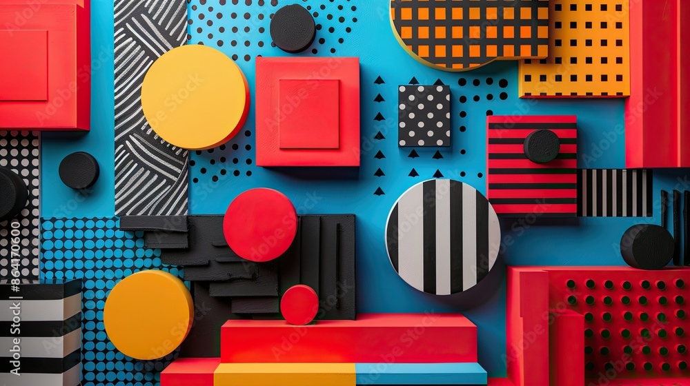 Poster dynamic representation of geometric elements in the style of 80s memphis design. the composition emb