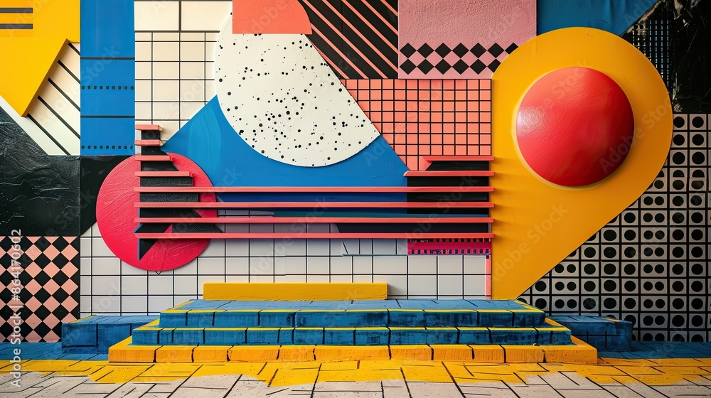 Aufkleber dynamic representation of geometric elements in the style of 80s memphis design. the composition emb