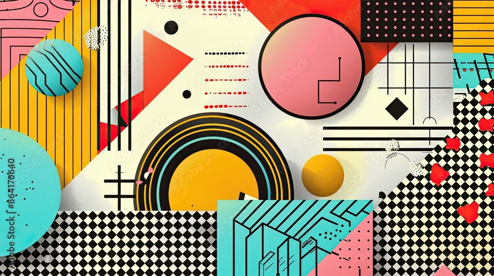 Poster dynamic representation of geometric elements in the style of 80s memphis design. the composition emb