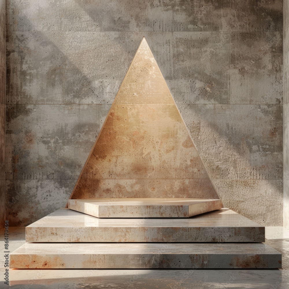 Poster modern 3d triangular podium in neutral tones for minimalist concept presentation, generative ai