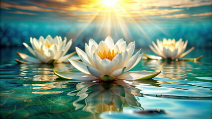 Digital art of a serene lotus flowers bathed in the soft glow of dawn, reflecting on tranquil waters. Ideal forcovers, wallpapers and other projects about harmony, meditation, relaxation and recovery.