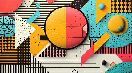Dynamic representation of geometric elements in the style of 80s Memphis design. The composition embraces the retro aesthetic with bold shapes, vibrant colors