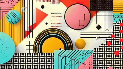 Dynamic representation of geometric elements in the style of 80s Memphis design. The composition embraces the retro aesthetic with bold shapes, vibrant colors