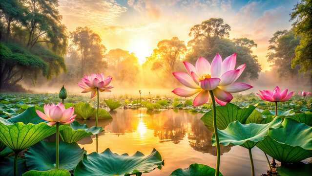 The ethereal beauty of lotus flowers blooming at sunrise in a tranquil water garden.  Digital art ideal for covers, wallpapers and other projects about harmony, meditation, relaxation and recovery.