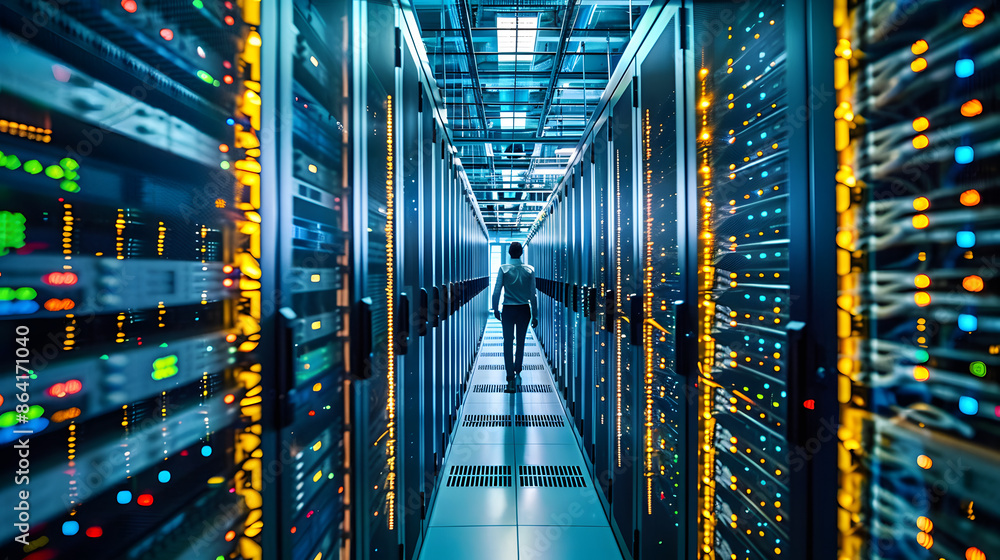 Aufkleber a modern data center with racks of servers, cooling systems, and technicians managing the digital in