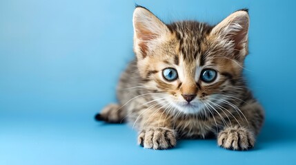 Obraz premium Portrait of a small black tan and white tabby kitten against a blue background, sky with clouds. Looking up to viewers right.