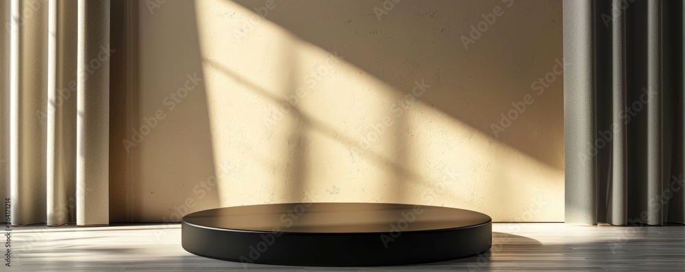Poster stylish 3d podium in matte black with subtle shadows and reflections, generative ai