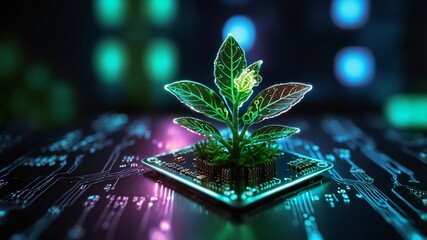 beautiful glowing flower plants growing on cities representing digital technology