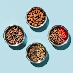 Dry Pet Food Set, Cat Diet, Puppy Food Brown Pieces, Dog Meal in Bowls, Pet Dinner Crackers