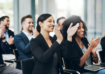 Business, people and applause in conference at office for congratulations, success and achievement....