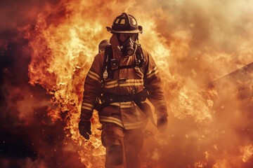 Fierce and Determined Firefighter Walking Through Flames