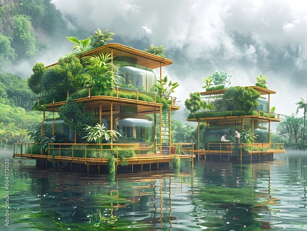 Poster floating modular bamboo and algae based permaculture research center with scientists conducting