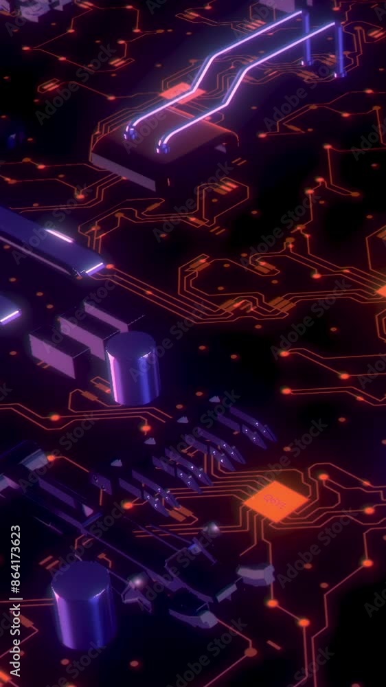 Poster computer system with neon details. motion. futuristic computer technology in details of chip. neon l