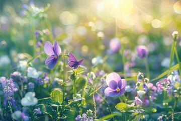 Purple butterfly on wild white violet flowers in grass in rays of sunlight, macro. Spring summer fresh artistic image of beauty morning nature. Selective soft focus