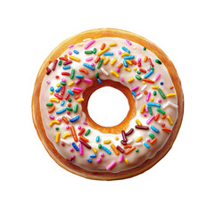 Delicious glazed donut with colorful sprinkles isolated on white background. Sweet dessert perfect for breakfast or snack.