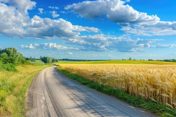 Fototapeta premium Beautiful idyllic landscape in countryside banner format with a wide field of cereals and a pasture divided by a deserted asphalt road against a blue summer sky