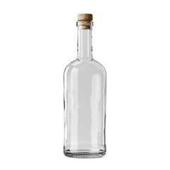 Clear glass bottle with a cork stopper, standing upright, isolated on a white background. Perfect for beverages, oils, and decor.