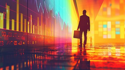 Stock chart, briefcase, close up, focus on, copy space, vibrant colors, Double exposure silhouette with financial graphs