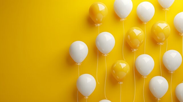Yellow background with white balloons on the right side, minimalism, space for text, banner, 7d rendering.