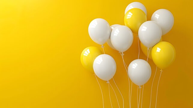Yellow background with white balloons on the right side, minimalism, space for text, banner, 10d rendering.
