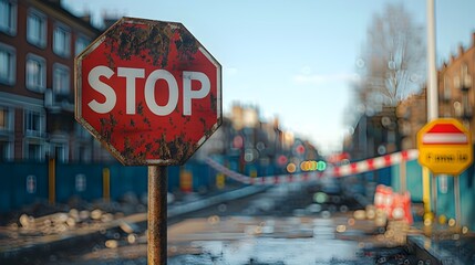 3D Rendered Image of a Bold Cardinal Colored Stop Sign Mounted on a Metal Post at the Entrance of a Construction Site Accompanied by a Red and White Danger Sign Denoting a Closed Off Thoroughfare