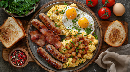Delicious breakfast with fried eggs, bacon and sausages on plate