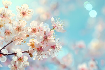 Obraz premium Beautiful floral spring abstract background of nature. Branches of blossoming apricot macro with soft focus on gentle light blue sky background. For easter and spring greeting cards with copy space