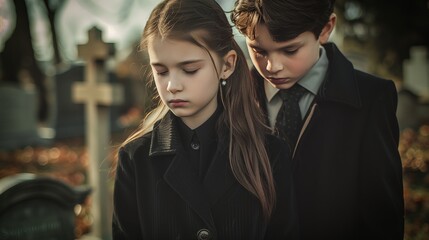 Solemn scene at a cemetery: two children in black suits stand with a grieving woman, their hands clasped in a gesture of comfort.