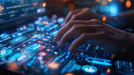 Obraz premium Hands typing on a keyboard with code on the screen in a cybersecurity operation