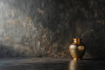A beautiful black empty textured wall and a golden vase on a smooth floor. Interior background for presentation