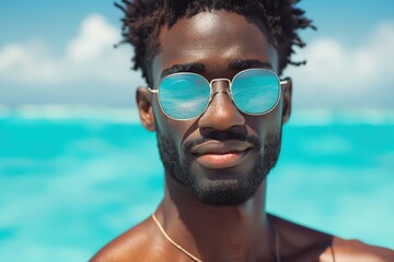 Man wearing sunglasses by the sea, enjoying sunny weather with a calm blue ocean background.